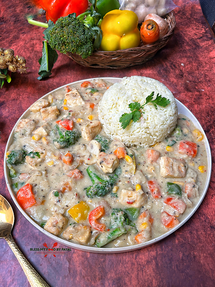 Vegan Mixed Vegetables in Cauliflower White Sauce | Mixed Veggies in Vegan Cauliflower White Sauce