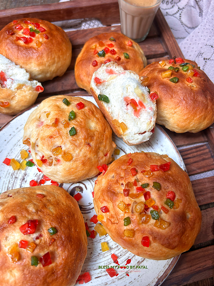 Eggless tutti fruity sweet buns | tutti fruity bread | homemade sweet buns recipe