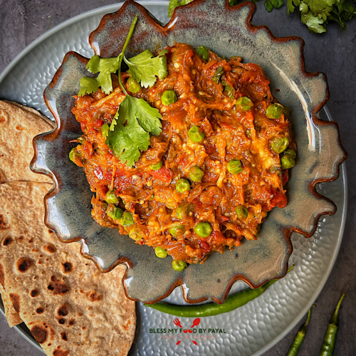 Matar Baingan Bharta Recipe Dhaba Style | Easy Roasted Eggplant with Green Peas